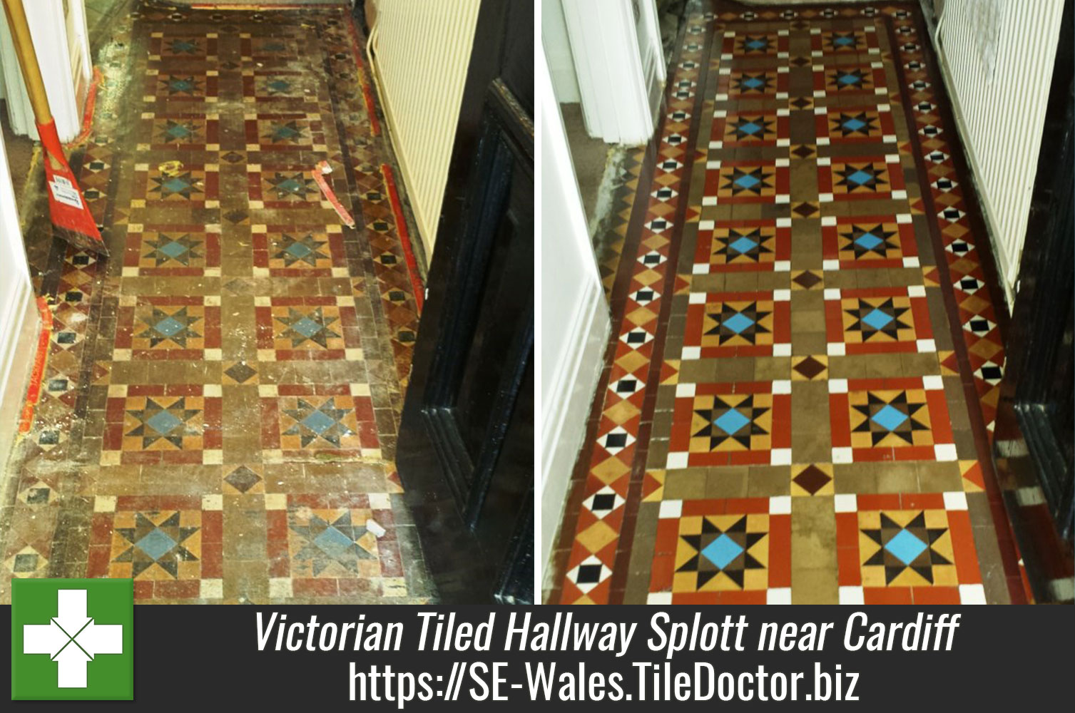 Old Victorian Tiled Hallway Floor Restored in Splott near Cardiff