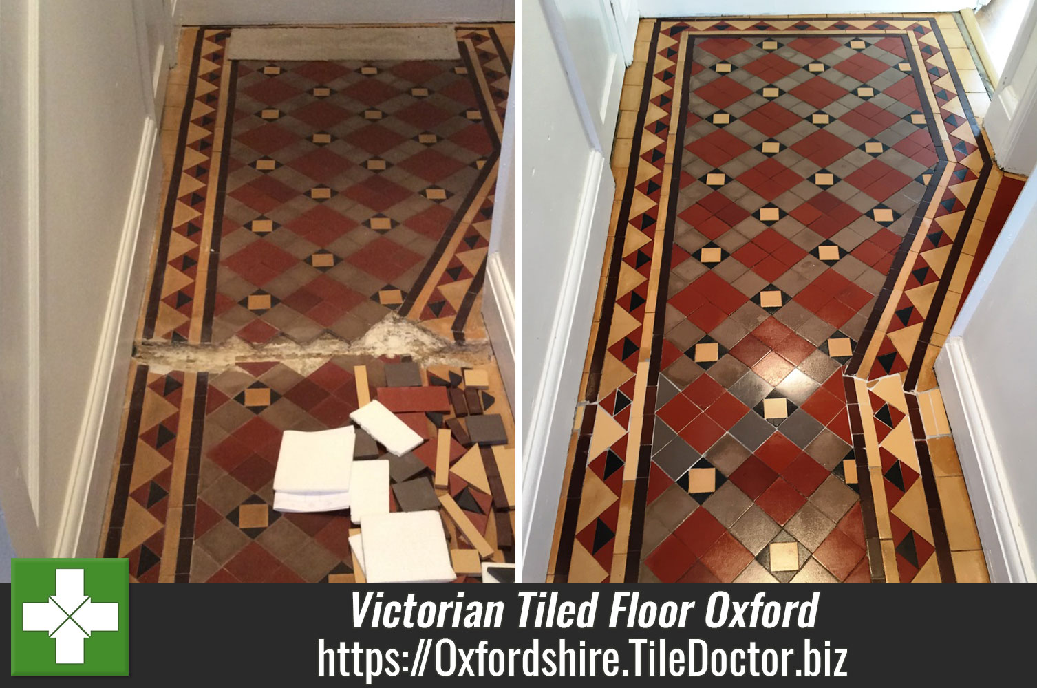 Victorian Tiled Floor with Gas Pipe Trench Repaired and Restored in Oxford