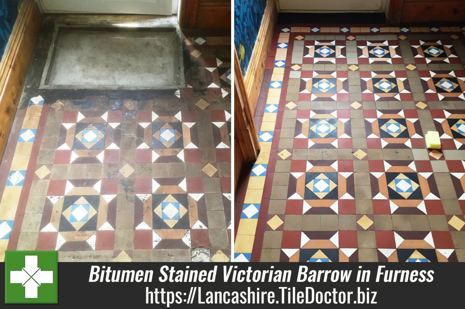 Bitumen Stained Victorian Geometric Hallway Rejuvenated in Barrow-in-Furness