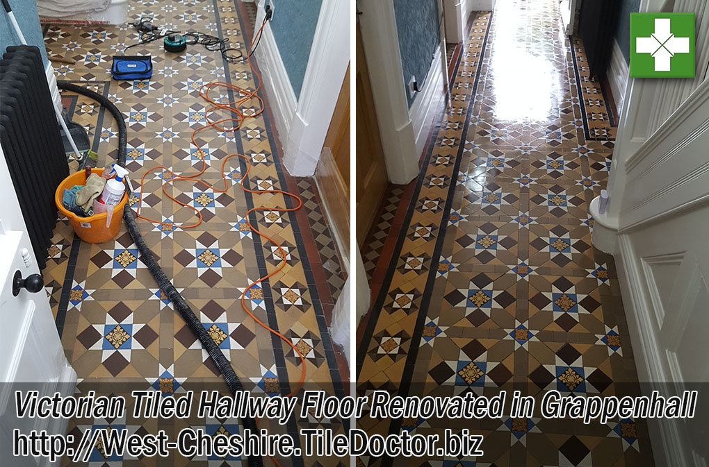 Victorian Tiled Hallway Floor Before and After Cleaning in Grappenhall