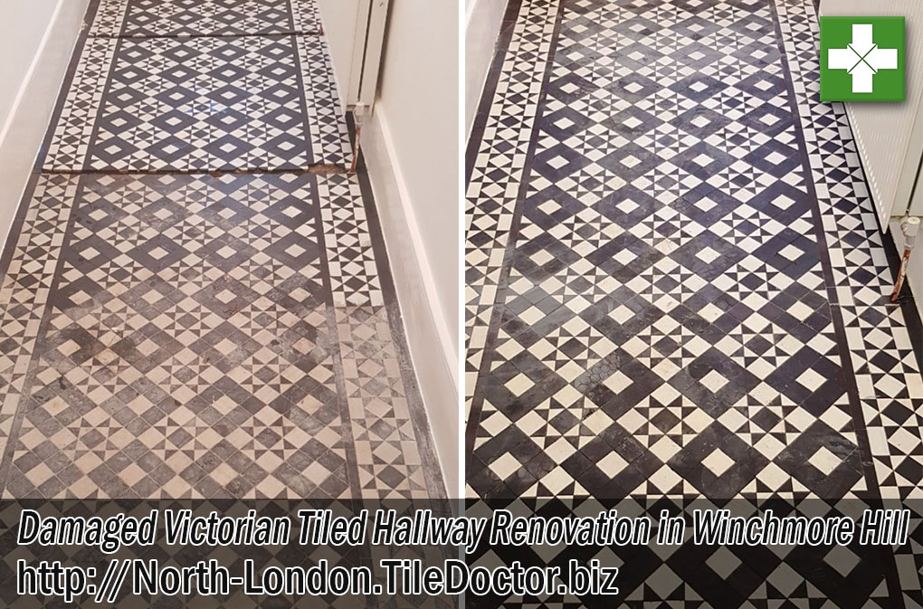 Damaged Victorian Tiled Hallway Floor Before and After Restoration Winchmore Hill London