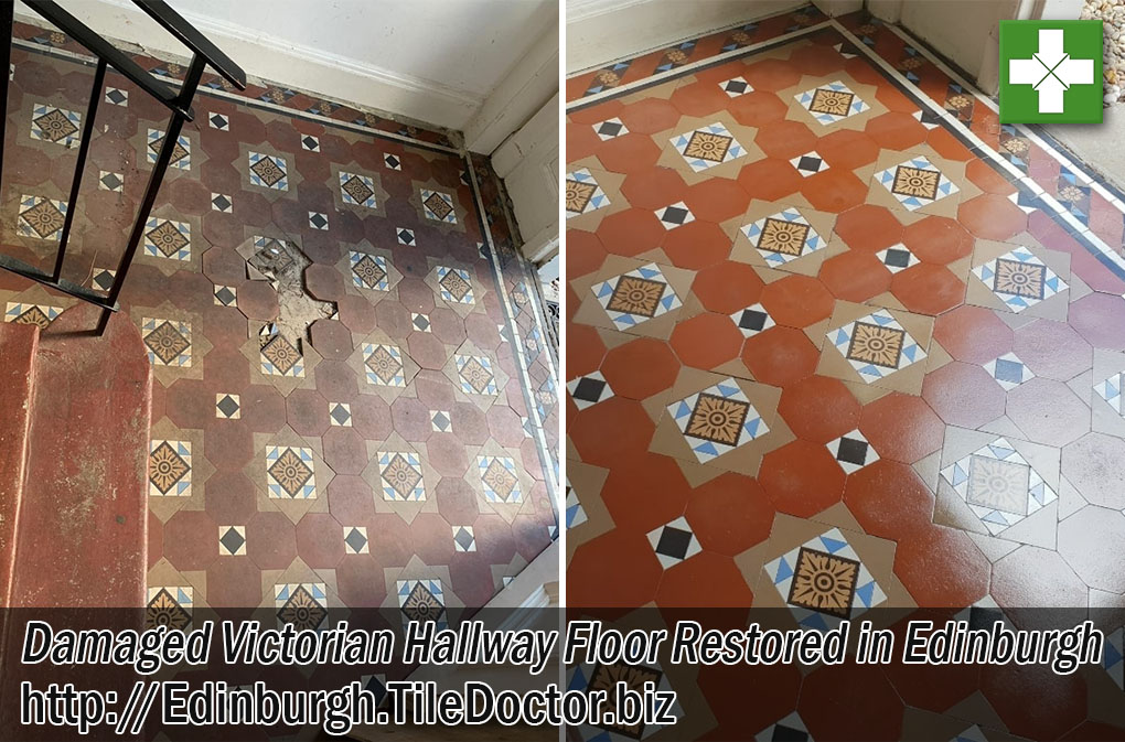 Damaged Victorian Tiled Hallway Floor Before After Restoration Edinburgh